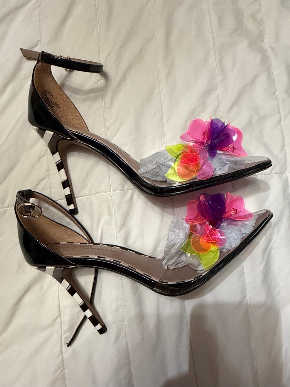 Betsey Johnson Black Pointed Ankle-Strap Pumps with Neon Floral Appliqués